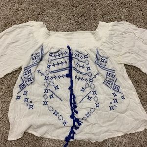 Embroidered Blue and White Off Shoulder Blouse